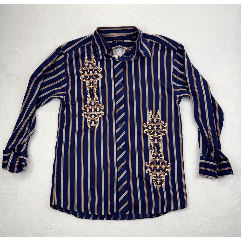 Knockout Mens Navy Blue Striped Embroidered Button Down Shirt Size L 1849
